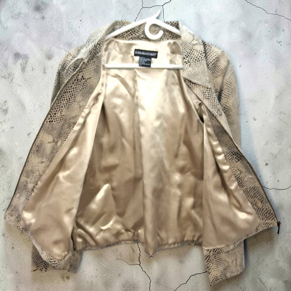 VTG Savannah Womens M Leather Snakeskin Print Zip Jacket Collared Neutral Animal